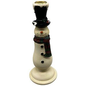 Christmas Snowman Ceramic Candlestick Holder Top Hat & Scarf 9.5" Tall READ